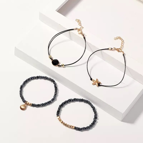 4 Pcs Black & Gold Starfish and Shell Bracelet Set - Picture 6 of 8